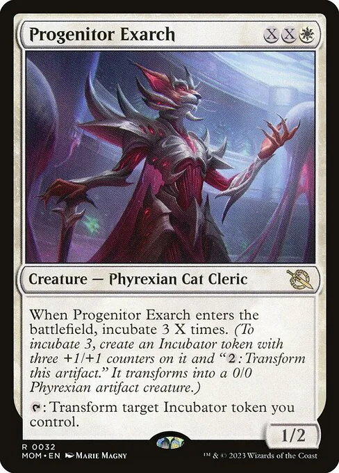 Progenitor Exarch, carta Magic di tipo Creature — Phyrexian Cat Cleric illustrata da Marie Magny