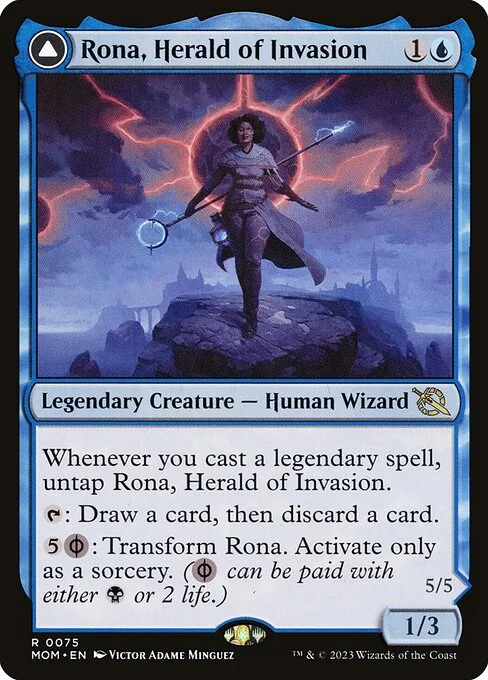 Rona, Herald of Invasion // Rona, Tolarian Obliterator, carta Magic di tipo Legendary Creature — Human Wizard // Legendary Creature — Phyrexian Wizard illustrata da Victor Adame Minguez