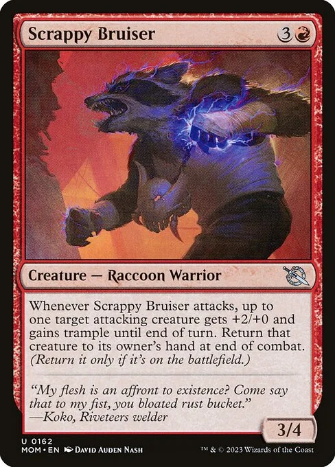 Scrappy Bruiser, carta Magic di tipo Creature — Raccoon Warrior illustrata da David Auden Nash
