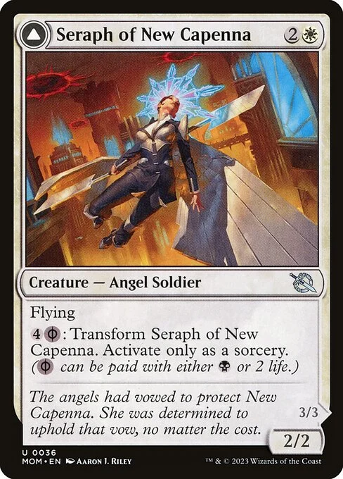 Seraph of New Capenna // Seraph of New Phyrexia, carta Magic di tipo Creature — Angel Soldier // Creature — Phyrexian Angel illustrata da Aaron J. Riley