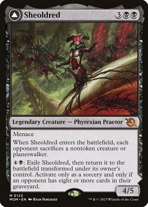 Sheoldred // The True Scriptures, carta Magic di tipo Legendary Creature — Phyrexian Praetor // Enchantment — Saga illustrata da Ryan Pancoast