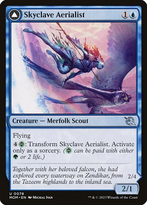 Skyclave Aerialist // Skyclave Invader, carta Magic di tipo Creature — Merfolk Scout // Creature — Phyrexian Merfolk Scout illustrata da Michal Ivan