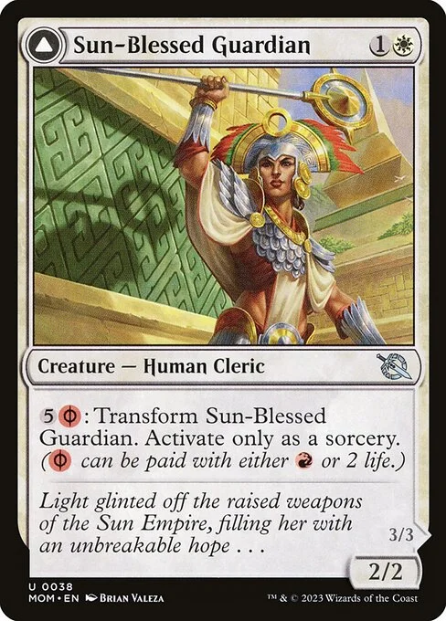 Sun-Blessed Guardian // Furnace-Blessed Conqueror, carta Magic di tipo Creature — Human Cleric // Creature — Phyrexian Cleric illustrata da Brian Valeza