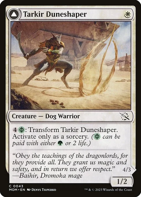 Tarkir Duneshaper // Burnished Dunestomper, carta Magic di tipo Creature — Dog Warrior // Creature — Phyrexian Dog Warrior illustrata da Denys Tsiperko