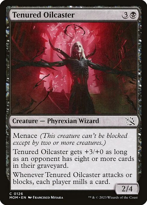 Tenured Oilcaster, carta Magic di tipo Creature — Phyrexian Wizard illustrata da Francisco Miyara
