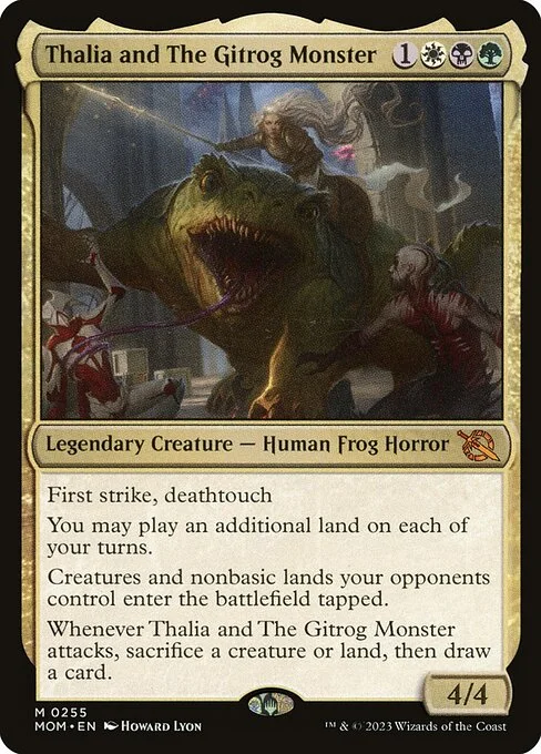 Thalia and The Gitrog Monster, carta Magic di tipo Legendary Creature — Human Frog Horror illustrata da Howard Lyon