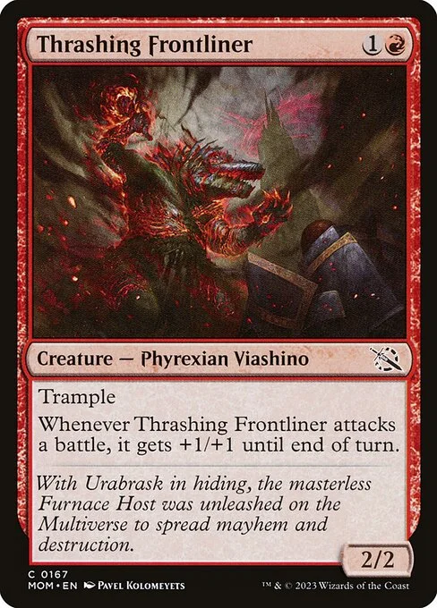Thrashing Frontliner, carta Magic di tipo Creature — Phyrexian Lizard illustrata da Pavel Kolomeyets
