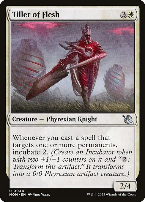 Tiller of Flesh, carta Magic di tipo Creature — Phyrexian Knight illustrata da Nino Vecia