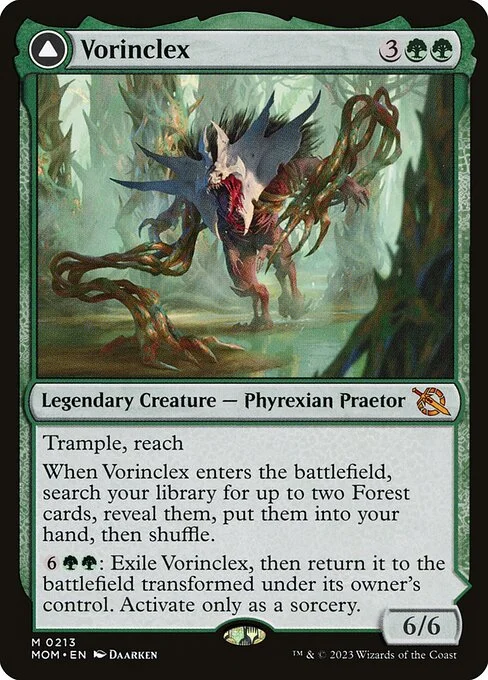Vorinclex // The Grand Evolution, carta Magic di tipo Legendary Creature — Phyrexian Praetor // Enchantment — Saga illustrata da Daarken