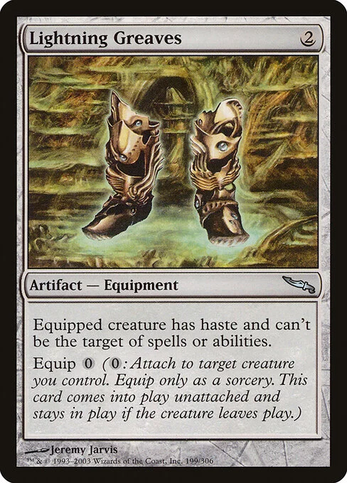 Lightning Greaves, carta Magic di tipo Artifact — Equipment illustrata da Jeremy Jarvis