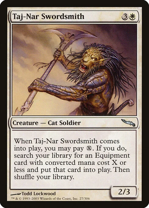 Taj-Nar Swordsmith, carta Magic di tipo Creature — Cat Soldier illustrata da Todd Lockwood