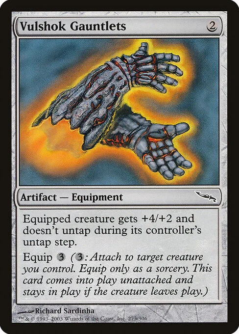 Vulshok Gauntlets, carta Magic di tipo Artifact — Equipment illustrata da Richard Sardinha