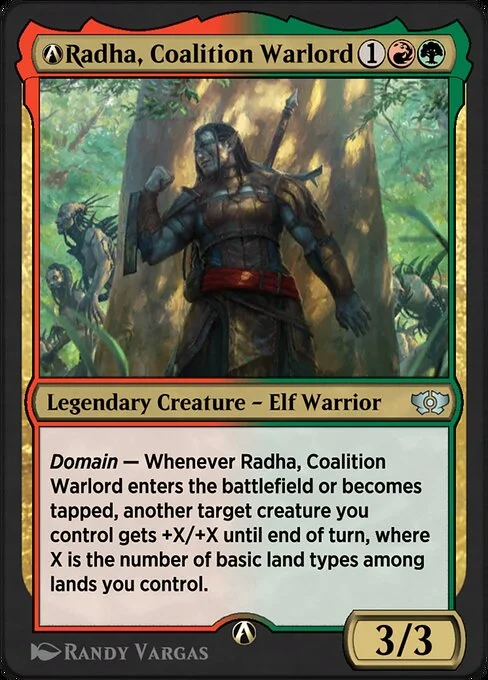 A-Radha, Coalition Warlord, carta Magic di tipo Legendary Creature — Elf Warrior illustrata da Randy Vargas