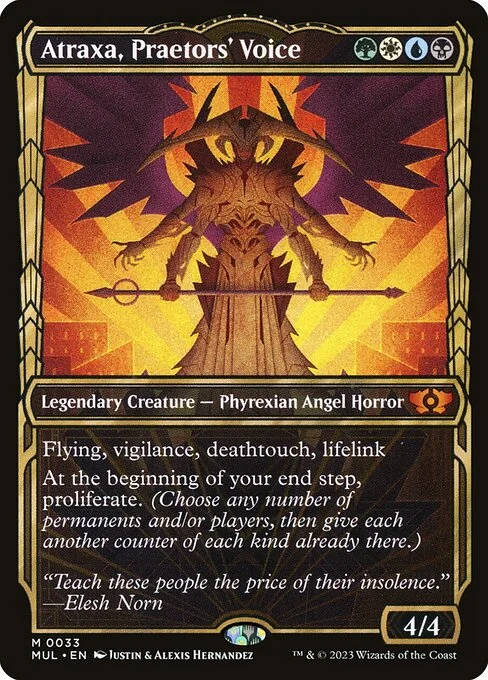 Atraxa, Praetors' Voice, carta Magic di tipo Legendary Creature — Phyrexian Angel Horror illustrata da Justin Hernandez & Alexis Hernandez