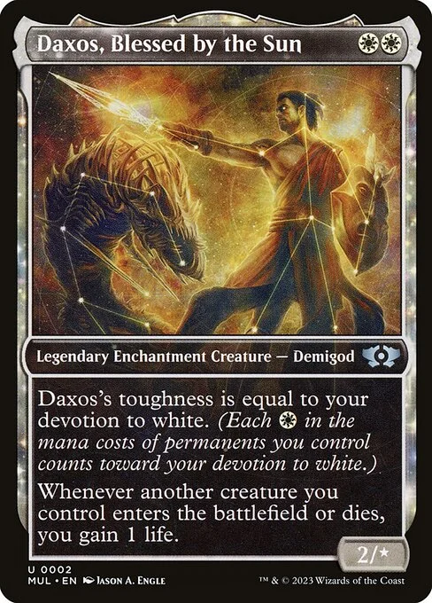 Daxos, Blessed by the Sun, carta Magic di tipo Legendary Enchantment Creature — Demigod illustrata da Jason A. Engle