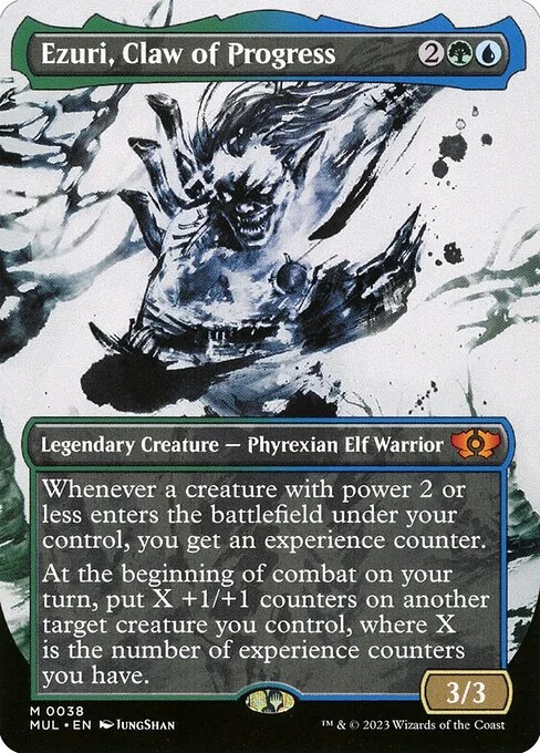 Ezuri, Claw of Progress, carta Magic di tipo Legendary Creature — Phyrexian Elf Warrior illustrata da JungShan