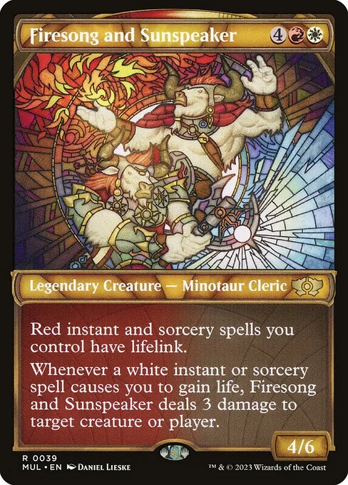 Firesong and Sunspeaker, carta Magic di tipo Legendary Creature — Minotaur Cleric illustrata da Daniel Lieske