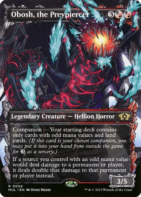 Obosh, the Preypiercer, carta Magic di tipo Legendary Creature — Hellion Horror illustrata da Denis Medri