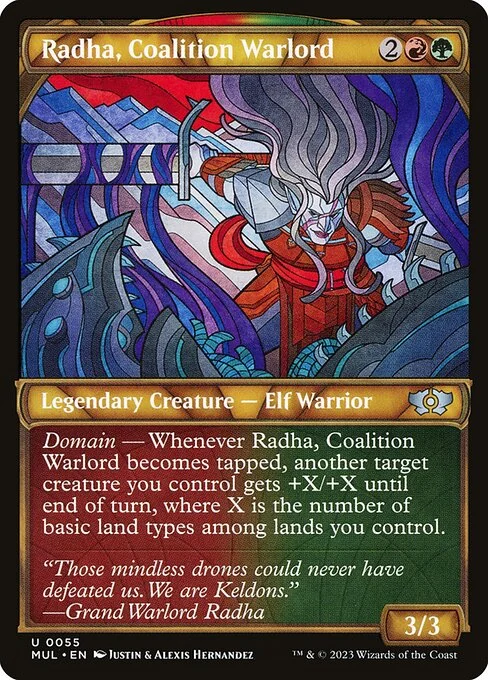 Radha, Coalition Warlord, carta Magic di tipo Legendary Creature — Elf Warrior illustrata da Justin Hernandez & Alexis Hernandez