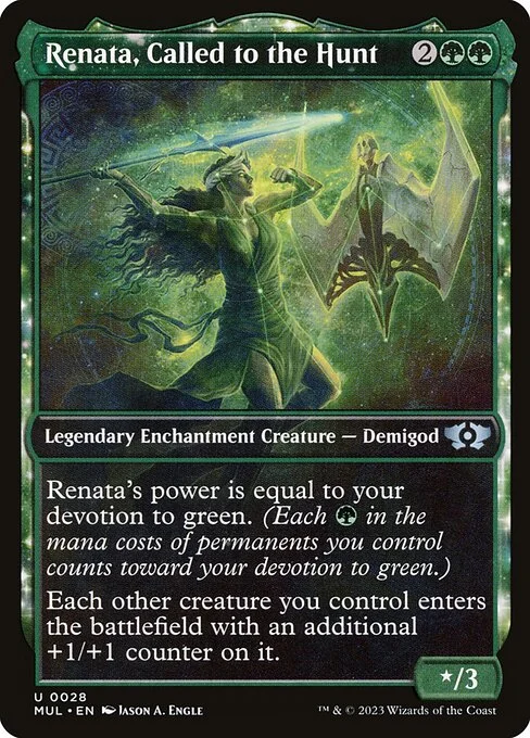 Renata, Called to the Hunt, carta Magic di tipo Legendary Enchantment Creature — Demigod illustrata da Jason A. Engle