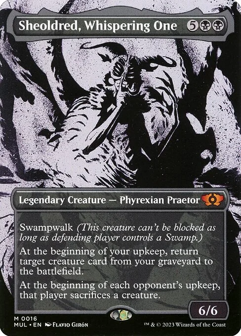 Sheoldred, Whispering One, carta Magic di tipo Legendary Creature — Phyrexian Praetor illustrata da Flavio Girón