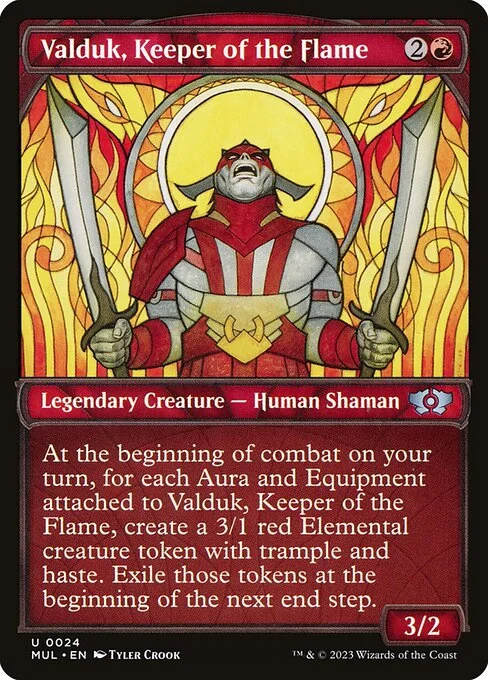 Valduk, Keeper of the Flame, carta Magic di tipo Legendary Creature — Human Shaman illustrata da Tyler Crook