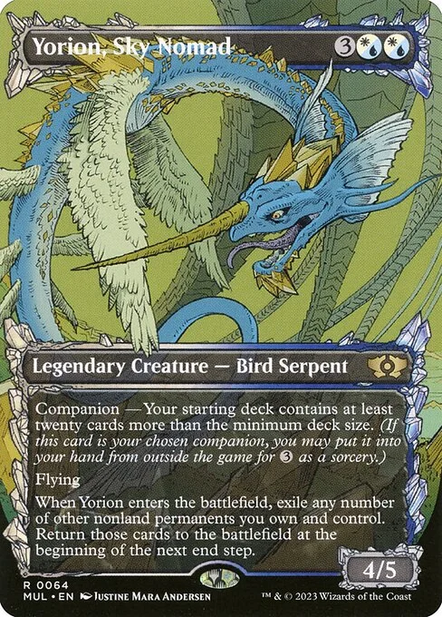 Yorion, Sky Nomad, carta Magic di tipo Legendary Creature — Bird Serpent illustrata da Justine Mara Andersen