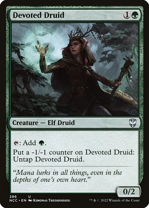 Devoted Druid, carta Magic di tipo Creature — Elf Druid illustrata da Kimonas Theodossiou