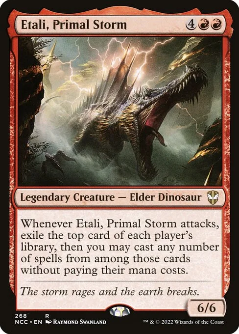 Etali, Primal Storm, carta Magic di tipo Legendary Creature — Elder Dinosaur illustrata da Raymond Swanland