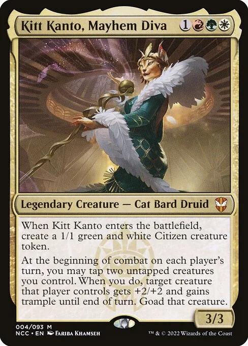 Kitt Kanto, Mayhem Diva, carta Magic di tipo Legendary Creature — Cat Bard Druid illustrata da Fariba Khamseh