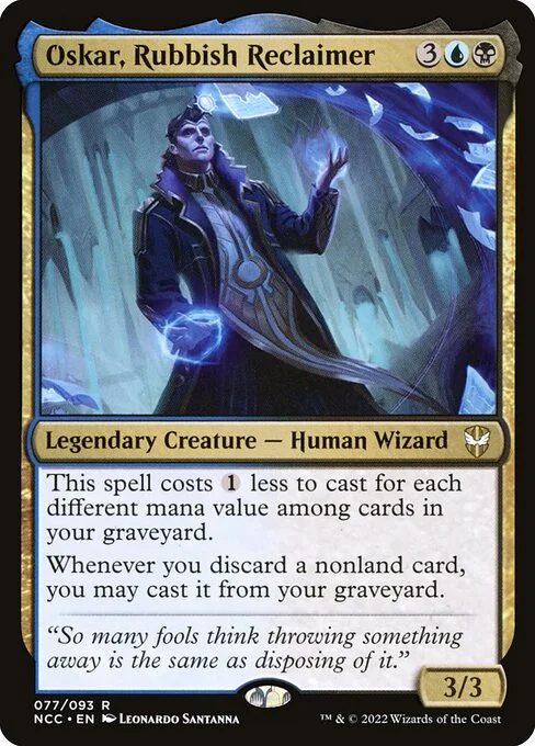 Oskar, Rubbish Reclaimer, carta Magic di tipo Legendary Creature — Human Wizard illustrata da Leonardo Santanna