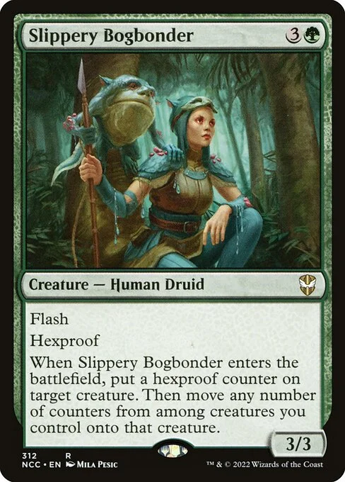 Slippery Bogbonder, carta Magic di tipo Creature — Human Druid illustrata da Mila Pesic