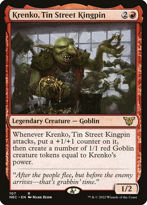 Krenko, Tin Street Kingpin, carta Magic di tipo Legendary Creature — Goblin illustrata da Mark Behm