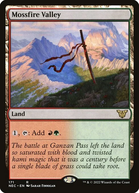 Mossfire Valley, carta Magic di tipo Land illustrata da Sarah Finnigan