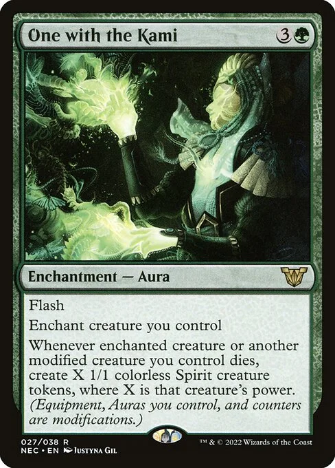 One with the Kami, carta Magic di tipo Enchantment — Aura illustrata da Justyna Dura
