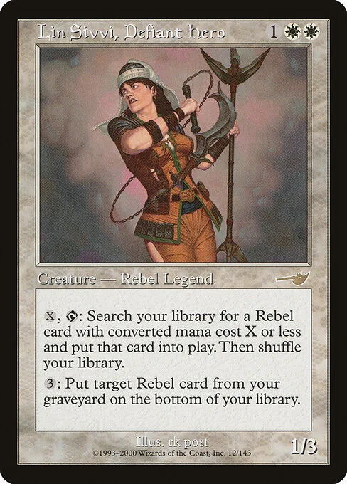 Lin Sivvi, Defiant Hero, carta Magic di tipo Legendary Creature — Human Rebel illustrata da rk post