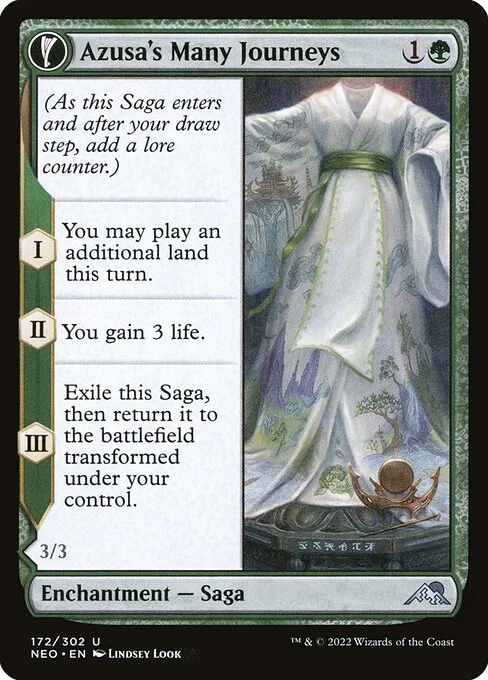 Azusa's Many Journeys // Likeness of the Seeker, carta Magic di tipo Enchantment — Saga // Enchantment Creature — Human Monk illustrata da Lindsey Look