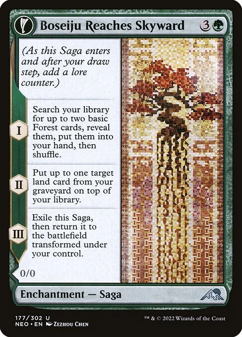 Boseiju Reaches Skyward // Branch of Boseiju, carta Magic di tipo Enchantment — Saga // Enchantment Creature — Plant illustrata da Zezhou Chen