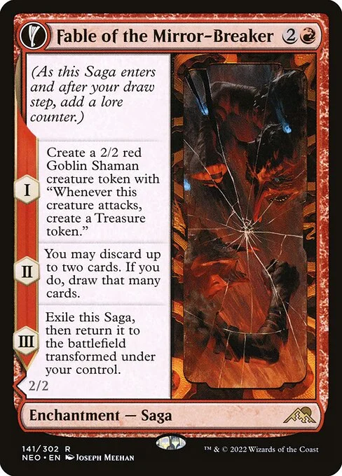 Fable of the Mirror-Breaker // Reflection of Kiki-Jiki, carta Magic di tipo Enchantment — Saga // Enchantment Creature — Goblin Shaman illustrata da Joseph Meehan