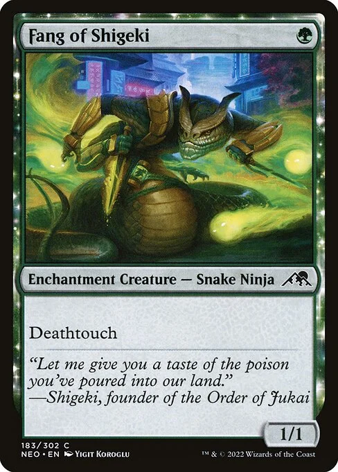 Fang of Shigeki, carta Magic di tipo Enchantment Creature — Snake Ninja illustrata da Yigit Koroglu