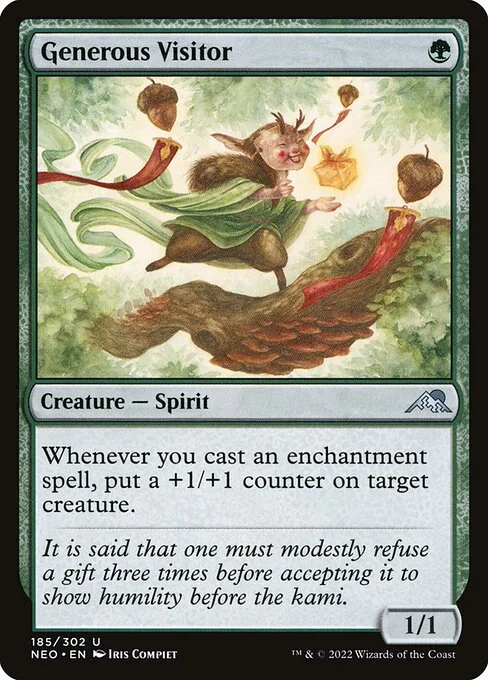 Generous Visitor, carta Magic di tipo Creature — Spirit illustrata da Iris Compiet