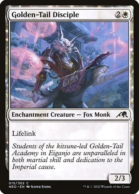 Golden-Tail Disciple, carta Magic di tipo Enchantment Creature — Fox Monk illustrata da Jesper Ejsing