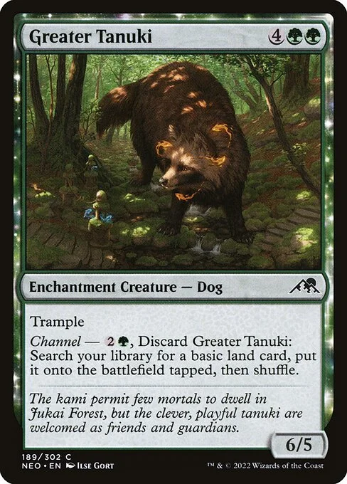 Greater Tanuki, carta Magic di tipo Enchantment Creature — Dog illustrata da Ilse Gort