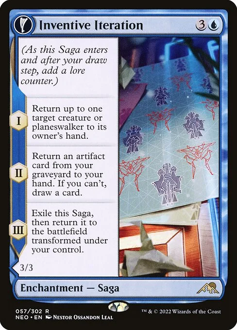 Inventive Iteration // Living Breakthrough, carta Magic di tipo Enchantment — Saga // Enchantment Creature — Moonfolk illustrata da Néstor Ossandón Leal