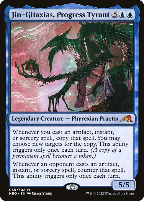 Jin-Gitaxias, Progress Tyrant, carta Magic di tipo Legendary Creature — Phyrexian Praetor illustrata da Chase Stone