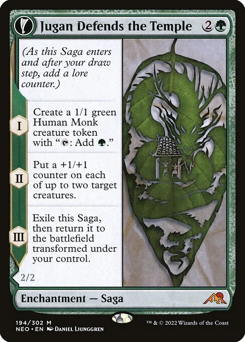 Jugan Defends the Temple // Remnant of the Rising Star, carta Magic di tipo Enchantment — Saga // Enchantment Creature — Dragon Spirit illustrata da Daniel Ljunggren