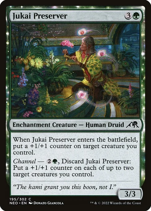 Jukai Preserver, carta Magic di tipo Enchantment Creature — Human Druid illustrata da Donato Giancola