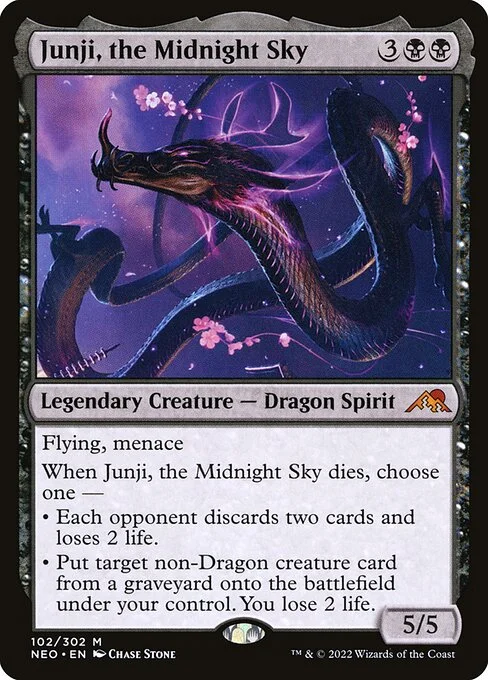 Junji, the Midnight Sky, carta Magic di tipo Legendary Creature — Dragon Spirit illustrata da Chase Stone