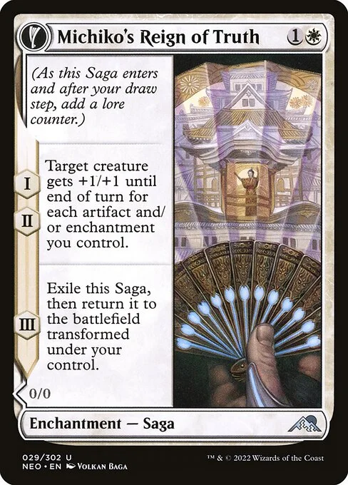 Michiko's Reign of Truth // Portrait of Michiko, carta Magic di tipo Enchantment — Saga // Enchantment Creature — Human Noble illustrata da Volkan Baǵa