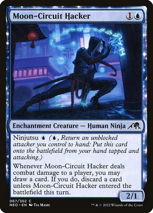 Moon-Circuit Hacker, carta Magic di tipo Enchantment Creature — Human Ninja illustrata da Tia Masic
